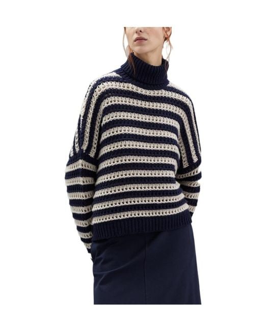 Brunello Cucinelli Blue Stripe-Print Turtleneck Jumper