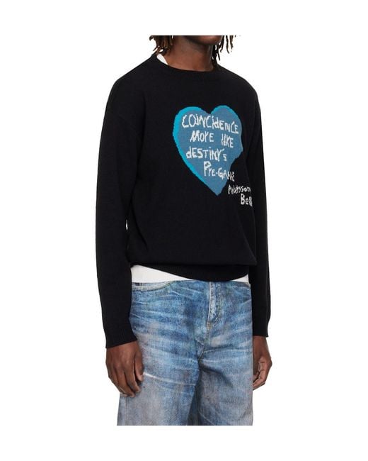 ANDERSSON BELL Blue Heart Pattern Crew Neck Sweater for men