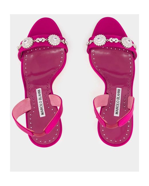 Manolo Blahnik Pink Satin Embellished Slingback Sandals