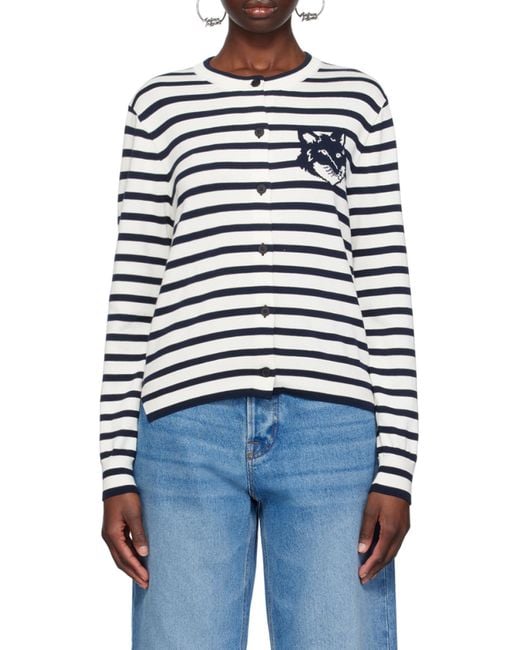 Maison Kitsuné White Round-Collar And Long-Sleeved Knitted Cardigan