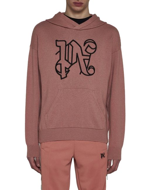 Palm Angels Pink Monogram Embroidered Knitted Hoodie for men