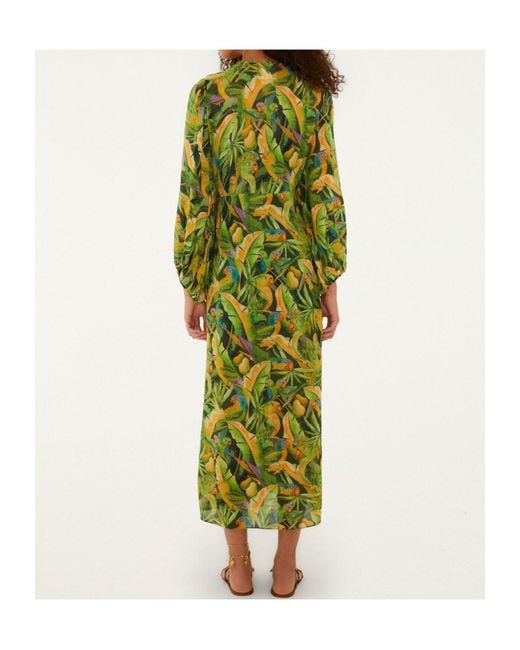 Farm Rio Green Parrot-Print Gathered-Waist Midi Dress