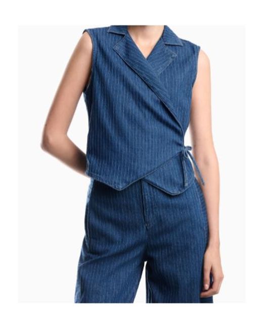 Emporio Armani Blue Pinstriped Wrap Denim Vest