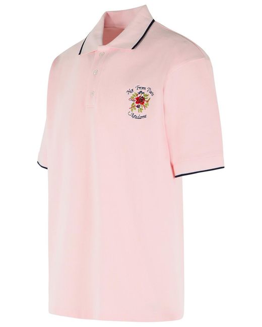 Drole de Monsieur Pink Rose-Embroidered Contrast Polo Shirt for men