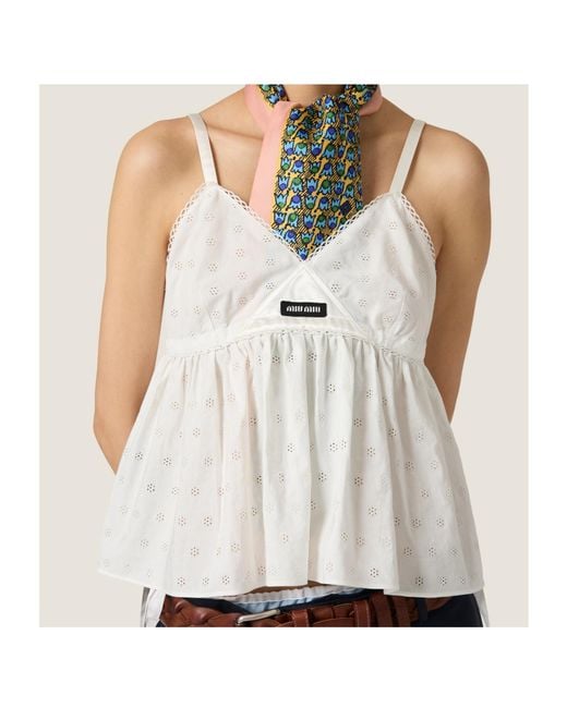 Miu Miu White Slubbed Eyelet Poplin Top