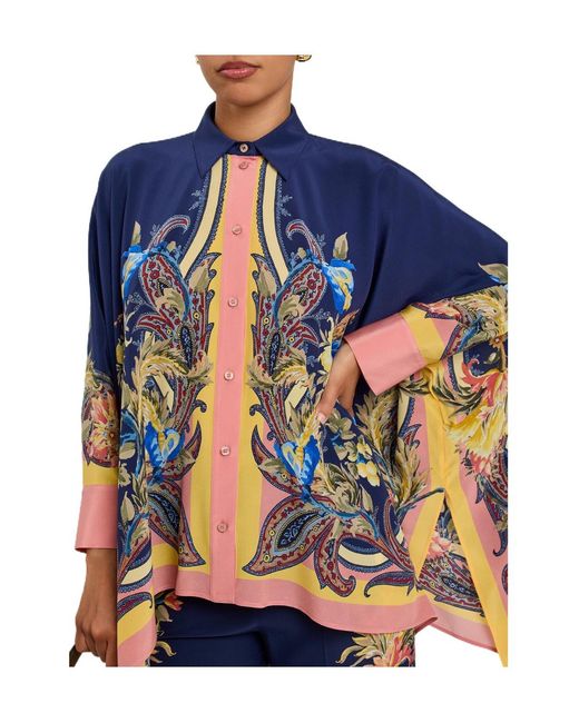 Etro Blue Printed Asymmetric Silk Shirt
