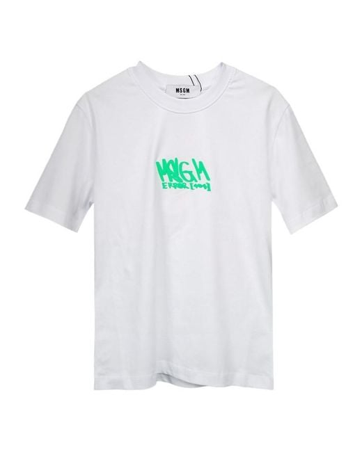 MSGM White Logo Printed Crewneck T-Shirt