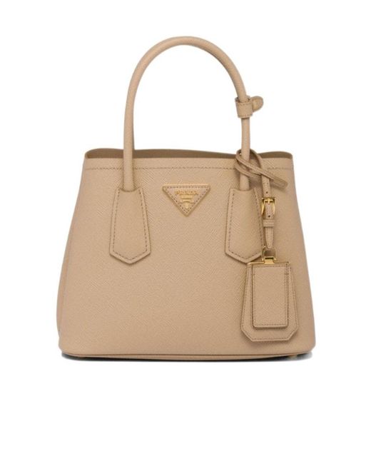 Prada Natural Logo Detailed Top Handle Tote Bag