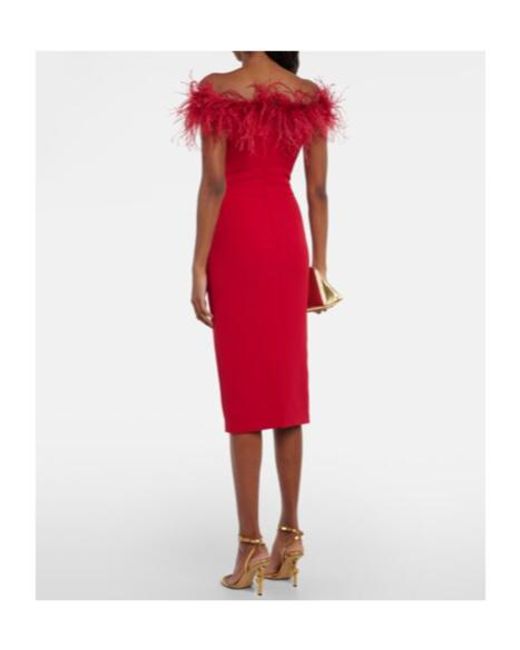 Safiyaa Red Starling Feather-Trimmed Midi Dress
