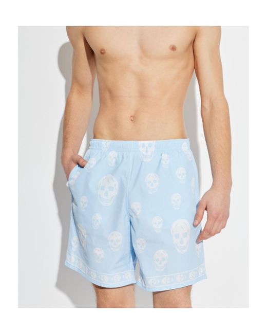 McQueen Blue Skull Print Swim Shorts for men