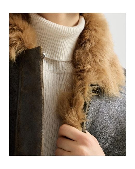 Brunello Cucinelli Gray Shearling Aviator Jacket With Monili
