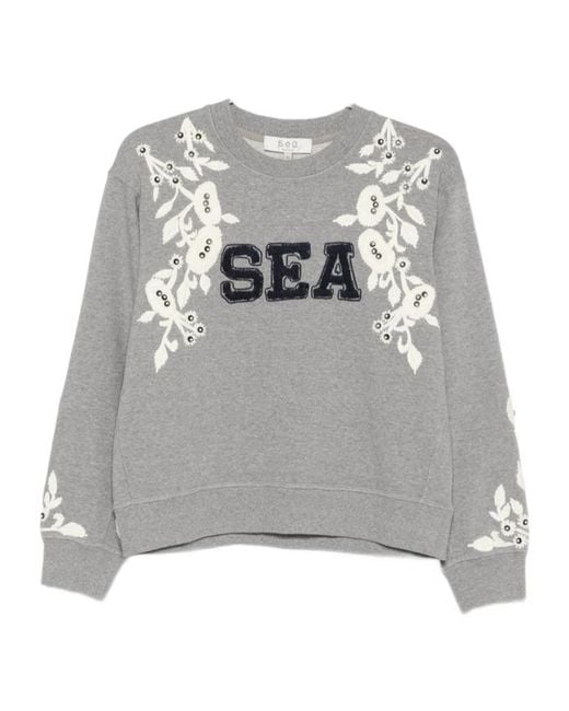 Sea Gray Floral-Embroidered Sweatshirt