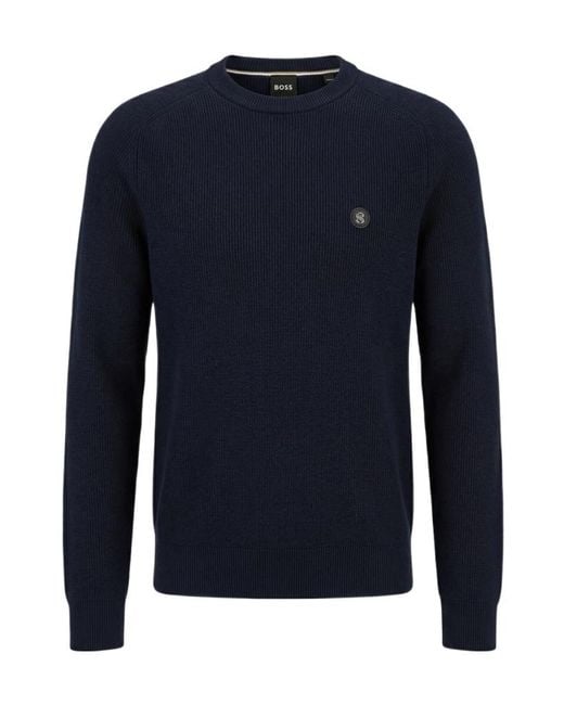 Boss Blue Ribbed-Knit Logo-Plaque Sweater for men