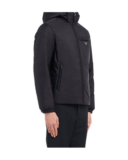 Prada Black Logo Plaque Hooded Puffer Jacket for men