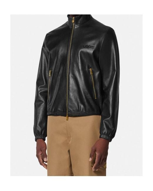 Versace Black Stand Up Collar Leather Jacket for men