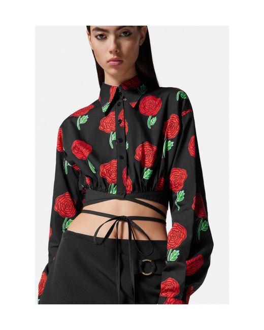 Versace Jeans Red Couture Floral-Printed Buttoned Cropped Blouse
