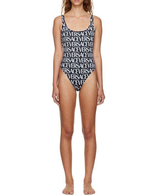 Versace Black Allover Logo Printed Low-Back Swimsuit