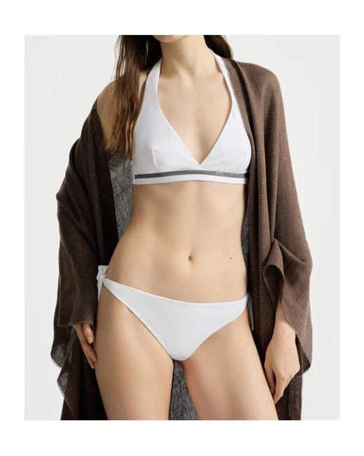 Brunello Cucinelli White Techno-Jersey Bikini Top With Monili
