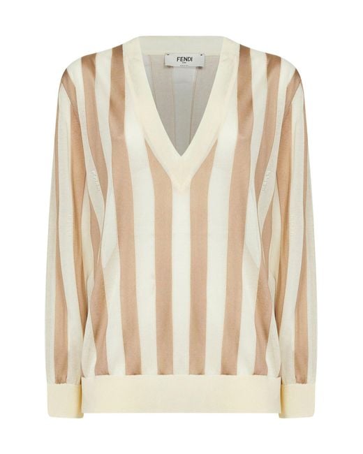 Fendi Natural Striped V-Neck Knitted Jumper