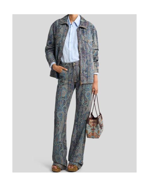 Etro Blue Flared Denim Jeans With Floral Paisley Motif