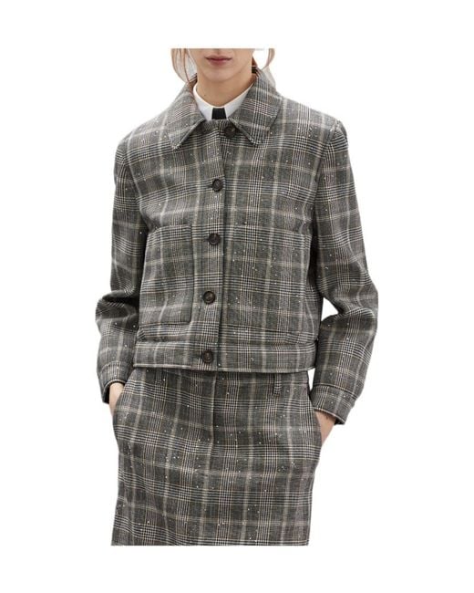 Brunello Cucinelli Gray Sequin-Embellished Checked Jacket