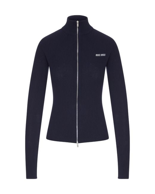 Miu Miu Blue High-Neck Long-Sleeved Knitwear