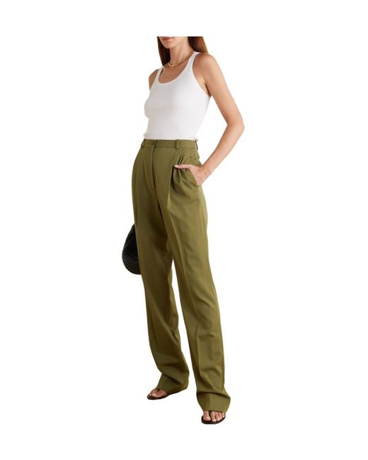 Michael Kors Green Mika Pleated Wool-Blend Twill Straight-Leg Pants