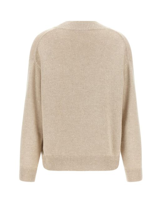 Brunello Cucinelli Natural Sequin-Appliqué V-Neck Sweater