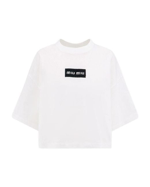Miu Miu White Logo-Detailed Cropped T-Shirt
