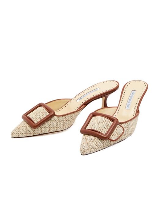 Manolo Blahnik Natural Raffia And Leather Mules
