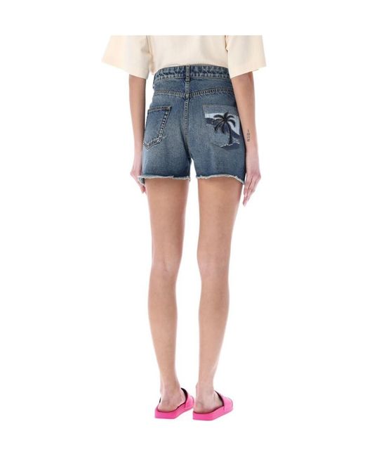 Palm Angels Blue Embroidered Denim Shorts