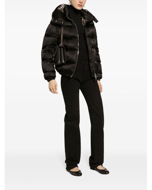 Dolce & Gabbana Black Padded Satin Jacquard Down Jacket With All-Over Dg Logo