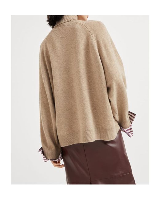 Brunello Cucinelli Natural Roll Neck Stripe Detailed Sweater