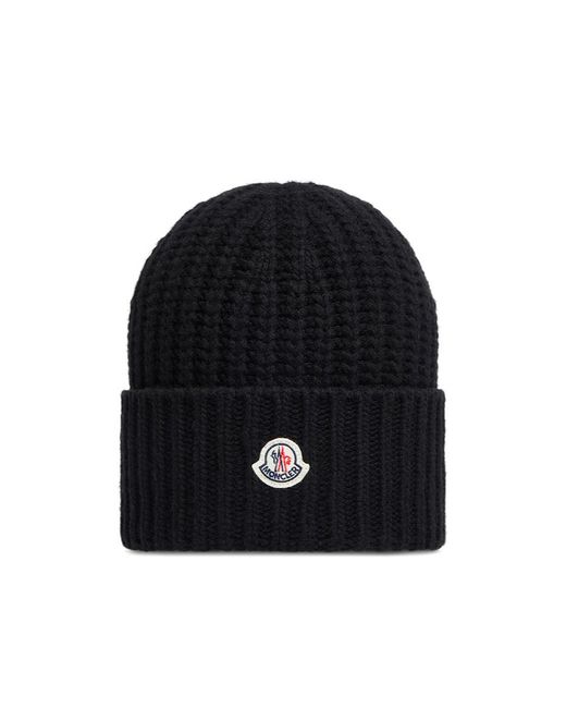 Moncler Black Logo Patch Ribbed Beanie
