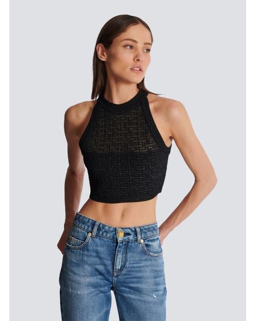Balmain Black Metallic Monogram Jacquard Crop Top