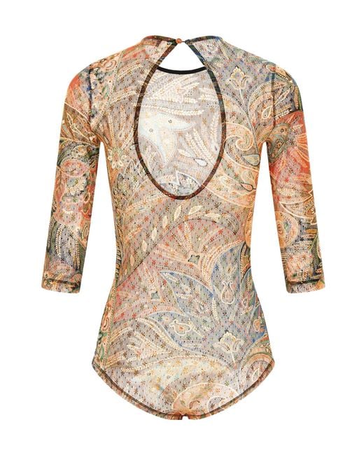 Etro Natural Paisley Foliage Print Tulle Bodysuit
