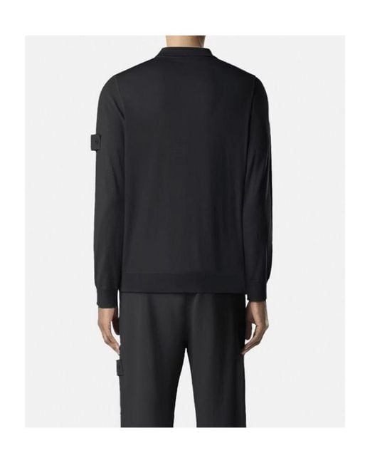 Stone Island Black Long-Sleeved Knit Polo Shirt for men