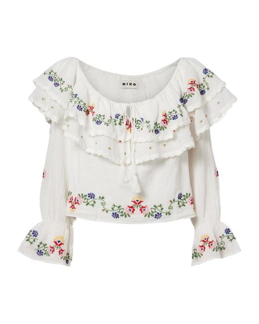 Rixo White Maurine Embroidered Ruffled Cotton Top
