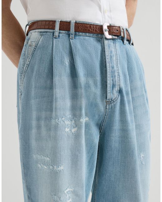 Brunello Cucinelli Blue Lightweight Denim Iconic Fit Five-Pocket Trousers With Double Pleats And Rips for men