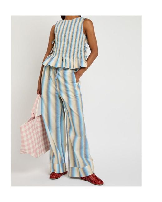Ganni Blue Ombre Stripe Smocked Cotton-Poplin Top