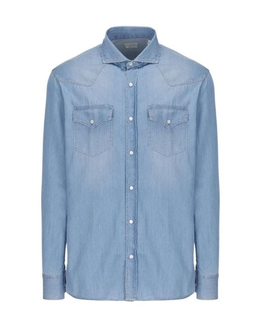 Brunello Cucinelli Blue Long-Sleeved Denim Shirt for men