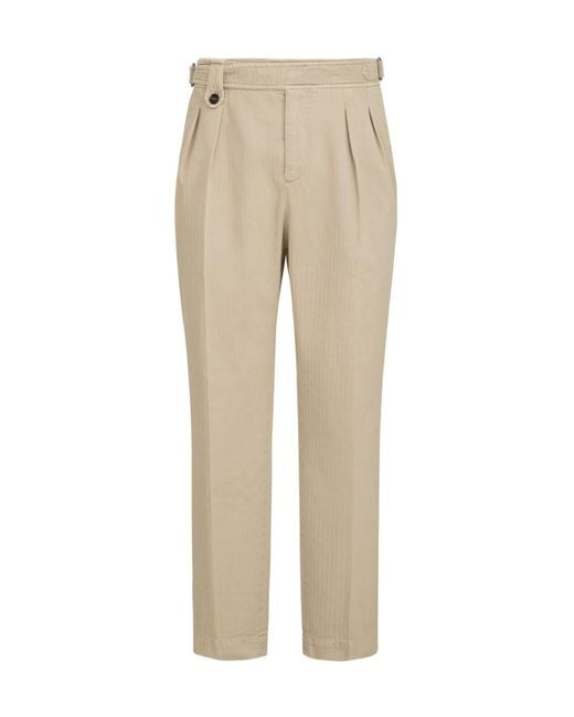 Brunello Cucinelli Natural Cotton Chevron Trousers With Double Pleats And Waist Tabs for men