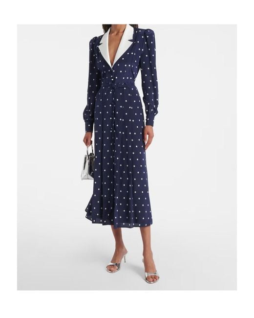 Alessandra Rich Blue Polka-Dot Silk Satin Shirt Dress