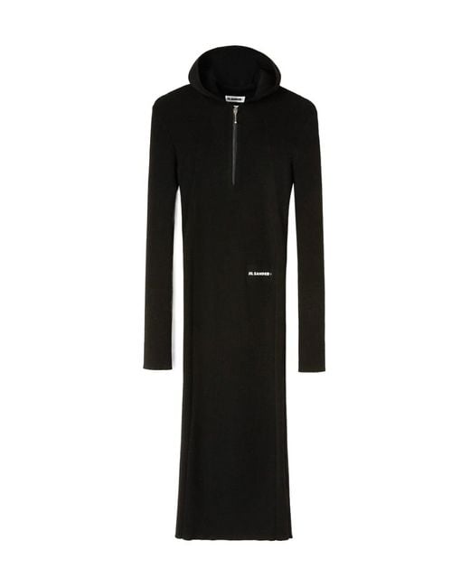 Jil Sander Black Long-Sleeved Ribbed-Knitted Hooded Midi Dress