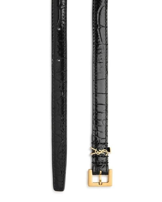 Saint Laurent White Cassandre Extra Thin Crocodile-Effect Leather Belt