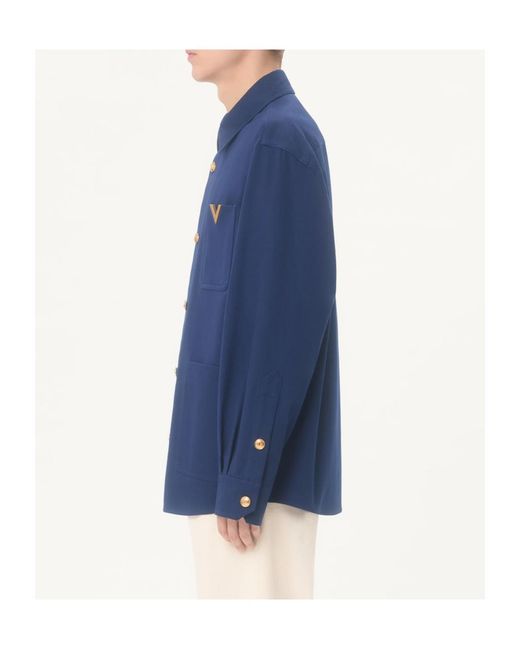 Valentino Blue Logo Plaque Button-Up Shirt Jacket for men