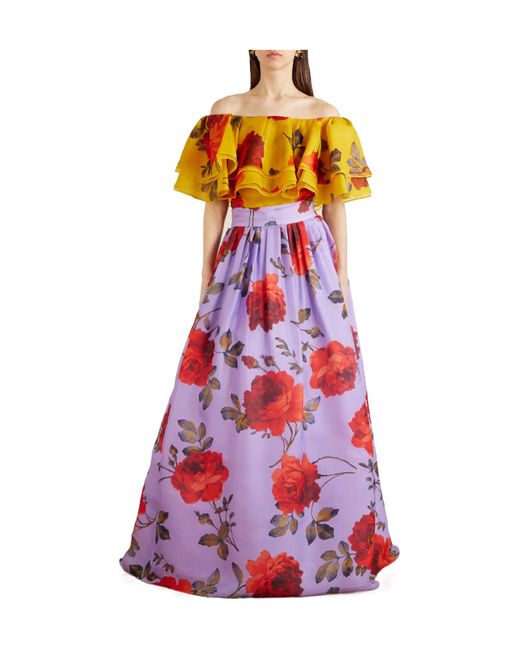 Carolina Herrera Yellow Off-The-Shoulder Ruffled Floral-Print Silk-Organza Top