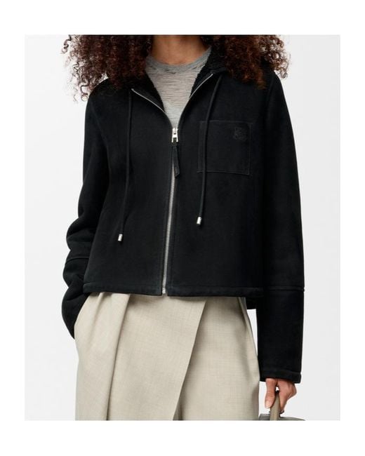 Loewe Black Shearling Zip-Up Hooded Jacket