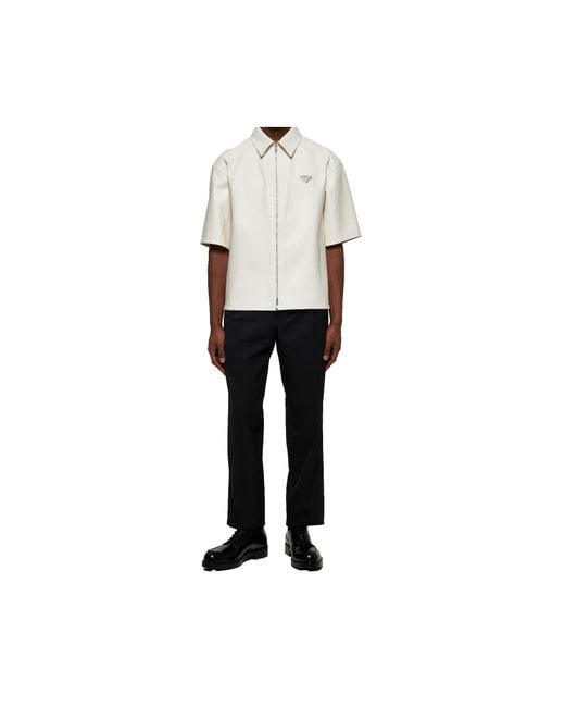 Prada White Short-Sleeved Zipped Leather Shirt for men