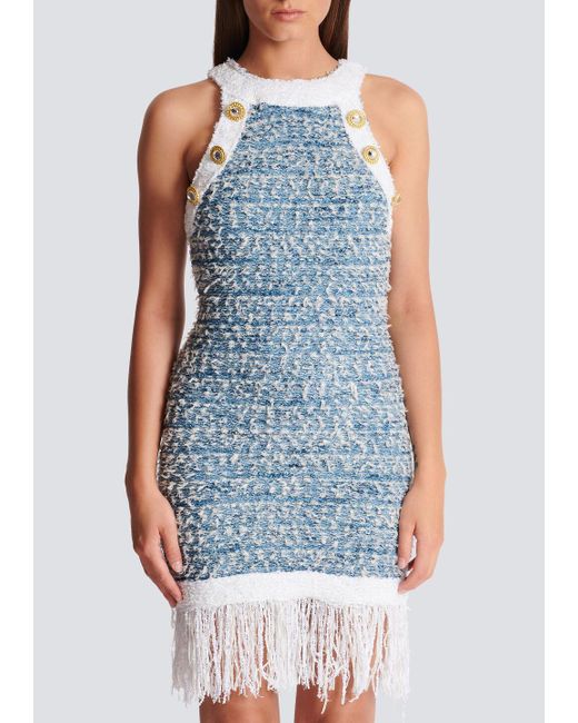 Balmain Blue Fringed Denim Tweed Dress